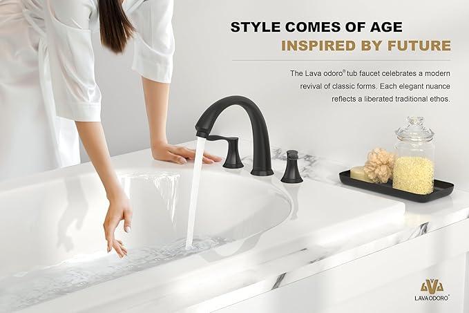Lava Odoro Black Roman Tub Faucet with Valve, 8 inch Widespread Bathtub Faucet with Valve, High Flow 2 Handle Deck Mount Tub Faucet, Solid Brass 3 Hole Bath Tub Filler TF405-MB - ModernBath