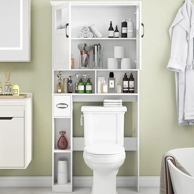 Vabches Freestanding Toilet Storage Cabinet with Double Doors, Shelf Space Saver, Anti-Tip Design & Adjustable Shelf, White - ModernBath