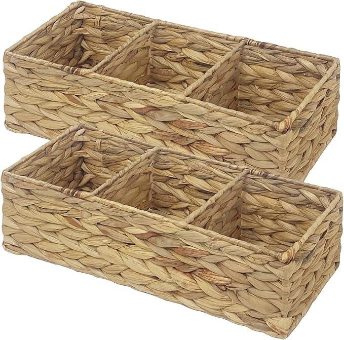 Seagrass Wicker Basket for Toilet Tank Top, 3-Compartment Handwoven Bathroom Organizer for Toilet Paper, Pads, and Accessories (2, Water Hyacinth) - ModernBath