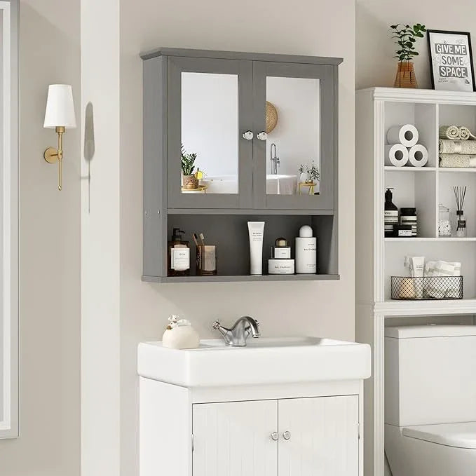 SUNLEI Medicine Cabinets with 1 Open Shelves for Bathroom Organizer or Laundry Room, Over The Toilet Storage Cabinet with Doors and Shelves, Bathroom Cabinet Wall Mounted with Mirror Door (Light Grey) - ModernBath