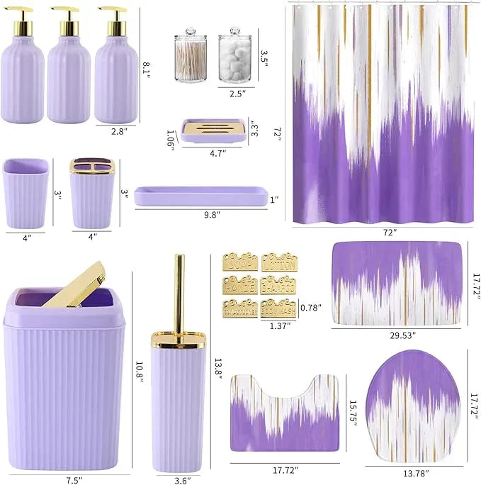 WSBArt 32PCS Bathroom Sets with Shower Curtain and Rugs-Purple Bathroom Accessories,Non Slip Bathroom Rugs Set with Toilet Lid Cover, Waterproof Shower Curtain, 3PC Soap Dispenser with Trash Can - ModernBath
