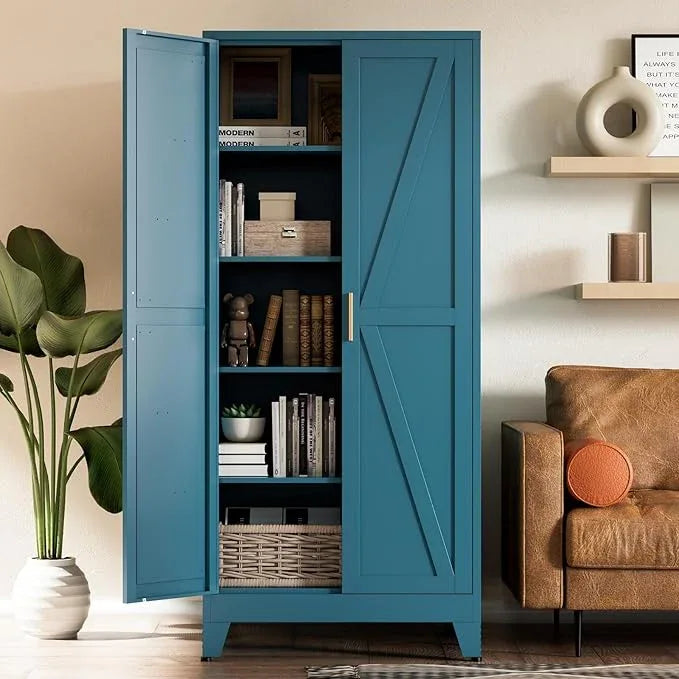 COFaR Home Farmhouse Storage Cabinet with Barn Door, Tall Kitchen Pantry Cupboard with Adjustable Shelves, for Dining Room, Bathroom, Living Room Blue. - ModernBath