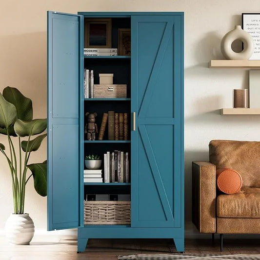 COFaR Home Farmhouse Storage Cabinet with Barn Door, Tall Kitchen Pantry Cupboard with Adjustable Shelves, for Dining Room, Bathroom, Living Room Blue. - ModernBath