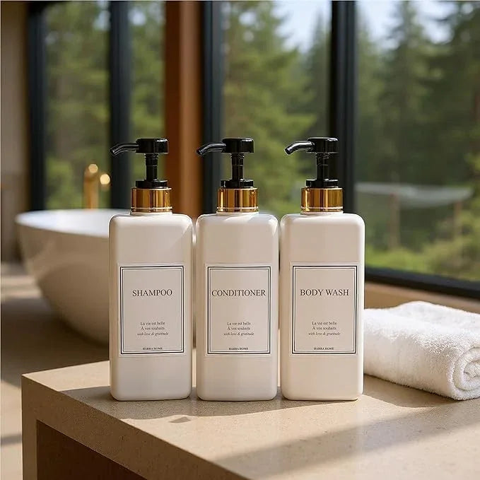 Shampoo and Conditioner Dispenser - Modern Gold Design Large 27oz Shower Soap Dispenser Set of 3, Refillable Empty Plastic Pump Bottles for Bathroom, 6 Waterproof Labels Included, Black - ModernBath