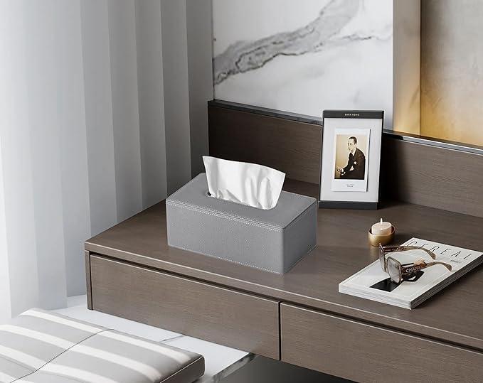 GOLRANLYE Tissue Box Cover Rectangular 9.8"(L) x 5.3"(W) x 4.3"(H) Refined Modern PU Leather Facial Tissue Dispenser Box Holder for Dresser Bathroom Decorative (Linen Grey) - ModernBath