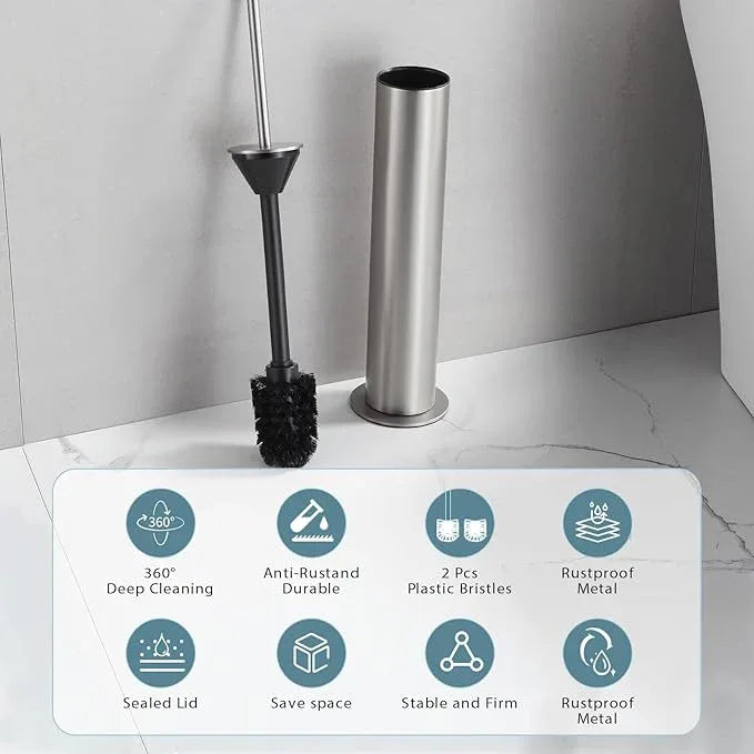 BGL Toilet Brush and Holder Set, Heavy Duty 304 Stainless Steel, Round Base and Long Handle for Bathroom Deep Cleaning, Drip-Proof, Space Saving for Storag, Stainless Steel - ModernBath