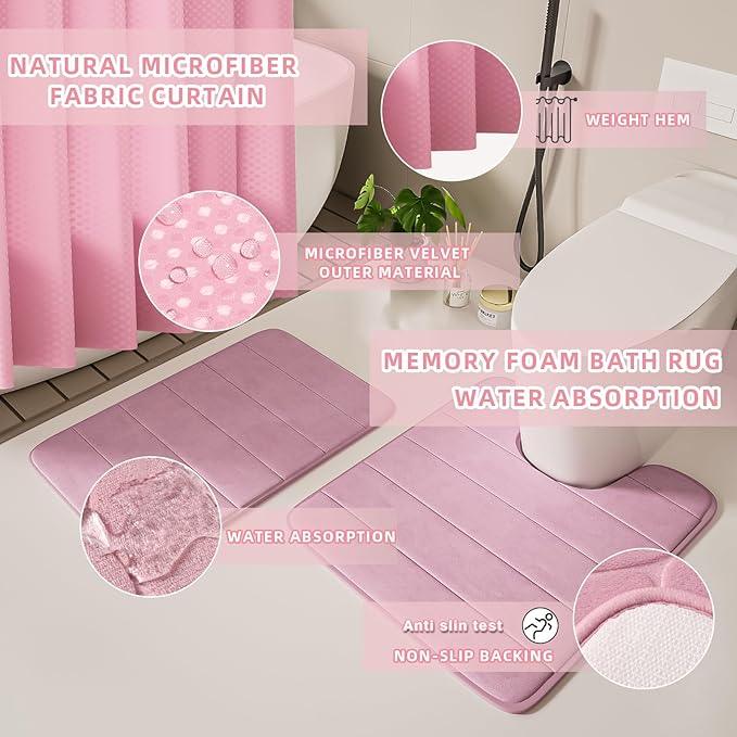 XLHOMO Bathroom Accessories Set - 25PC Pink Bathroom Set, Bathroom Set with Shower Curtain and Rugs, Pink Shower Curtain Set, Toilet Brush, Bathroom Trash Can - ModernBath