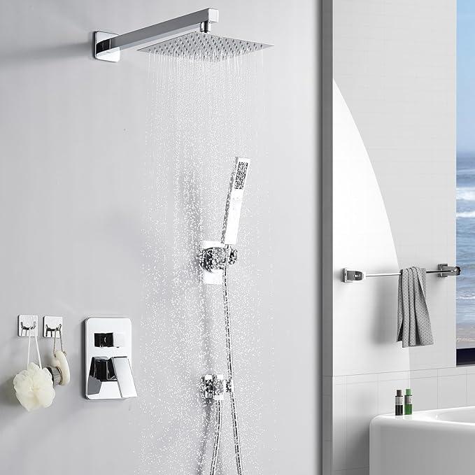 RTTWYYUU Chrome Shower System 8 Inch, Rain Shower Head with Handheld Spray, Luxury Rain Shower Set Square Wall Mount for Bathroom with Rain Shower and Handheld Shower System - ModernBath
