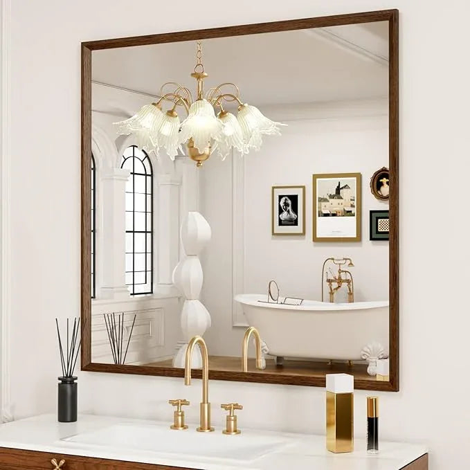 JISOSO Bathroom Vanity Mirror 36x36 Inch, Walnut Rectangle Bathroom Mirror, Anti-Rust, 4MM Tempered Glass, Wall-Mounted Mirror, Hangs Horizontally or Vertically for Bathroom & Bedroom - ModernBath