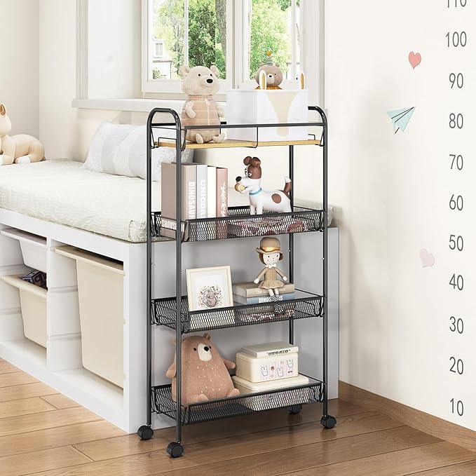 TOOLF 4-Tier Slim Rolling Cart, Metal Utility Cart, Slide Out Storage Cart with Wooden Tabletop and Mesh Baskets for Narrow Space on Kitchen Bathroom Laundry Room Bedroom Apartments Dormitory - ModernBath