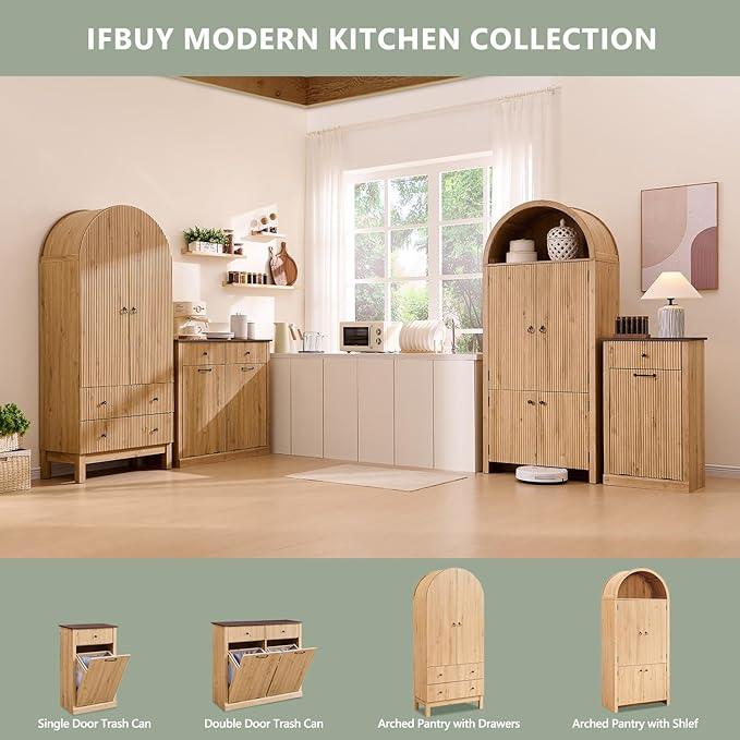71" Tall Arched Bathroom Storage Cabinet, Modern Fluted Storage Cabinet w/Doors, 3 Adjustable Shelves, 6 Door Shelves, Wood Freestanding Cabinet for Bathroom, Entryway, Hallway, Natural - ModernBath