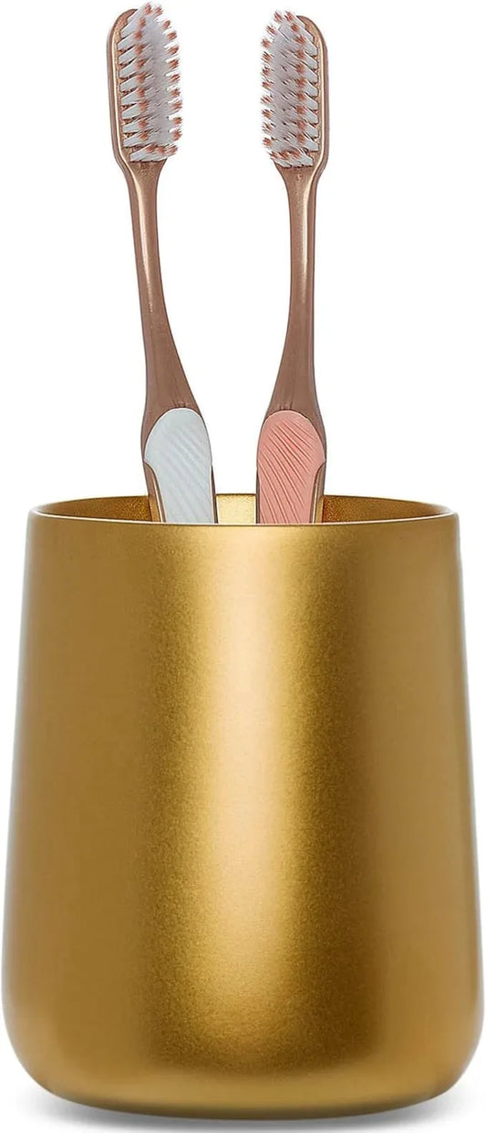Yew Design Gold Toothbrush and Toothpaste Holder and Cup for Bathroom Vanity and Countertop, Round Organizer for Electric Toothbrushes, Floss, Razors, Cotton, and Mouthwash - ModernBath