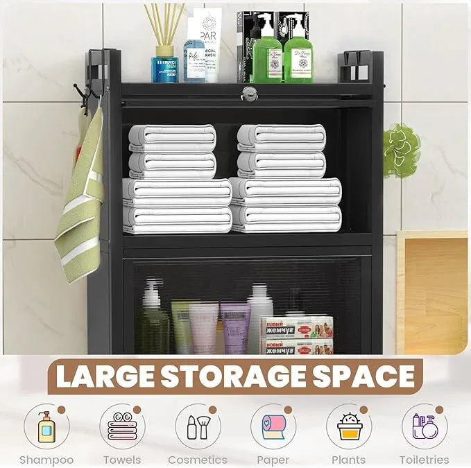 ZZL Over The Toilet Storage Cabinet,3-Tier,Bathroom Toilet Organizer,Waterproof, Cabinet Door Design,Freestanding Space Saver with 4 Hooks for Bathroom,Black - ModernBath