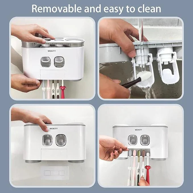 Toothbrush Holder Wall Mounted, WEKITY Multi-Functional Toothbrush and Toothpaste Dispenser for Bathroom, with 5 Toothbrush Slots, 2 Toothpaste Squeezers and 4 Cups(Grey) - ModernBath