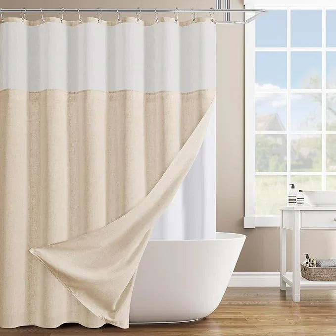 Naturoom Natural Linen Shower Curtain with Snap in Liner Set Rustic Farmhouse Shower Curtains for Bathroom 200GSM Textured Cream Burlap Cloth Double Bath Curtains with See Through Top Window 72x84 - ModernBath