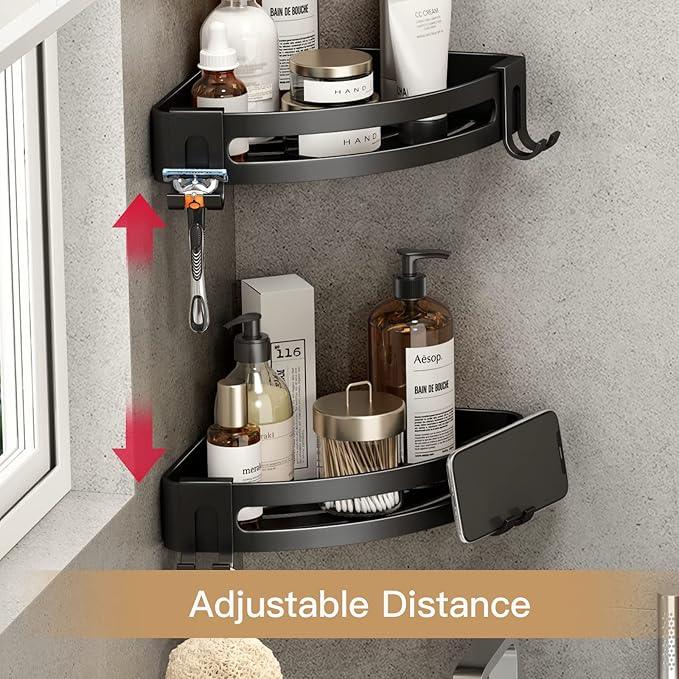 VOLPONE Corner Shower Caddy with Razor Holder Adhesive Shower Shelf Corner No Drilling (adhesive mounting, no suction cup) Bathroom Shower Organizer Storage Rack (2-Pack, Black) - ModernBath