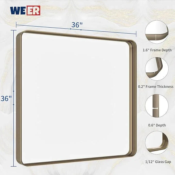 WEER Bronze Bathroom Mirror 36x36 Inch, Farmhouse Oil Rubbed Frame for Wall, Aluminum Alloy Brushed Metal, Vanity, Tempered Glass, Anti-Rust (Horizontal/Vertical) - ModernBath