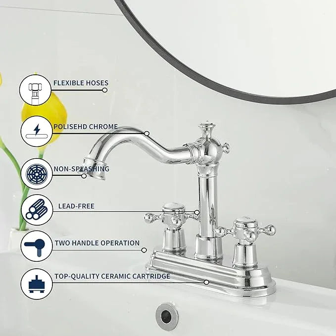 GGStudy Polished Chrome Bathroom Faucet 2 Handles 4 Inches Centerset Bathroom Vanity with Drain Assembly and Supply Hose Lavatory Faucet - ModernBath