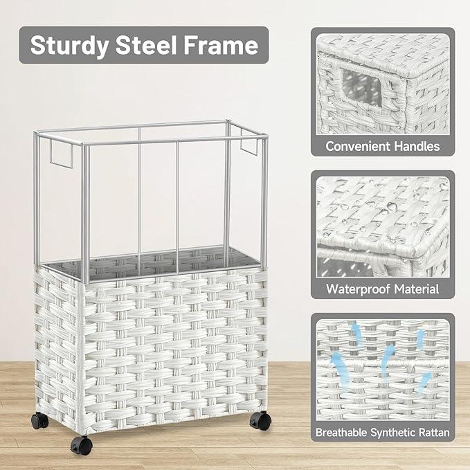 Hiagnete Toilet Paper Storage Basket with Lid and Wheels, Rattan Toilet Paper Holder Storage, Toilet Paper Organizer for Bathroom, Bedroom, Kitchen, 12.6”L x 7.1”W x 17.14”H, White - ModernBath