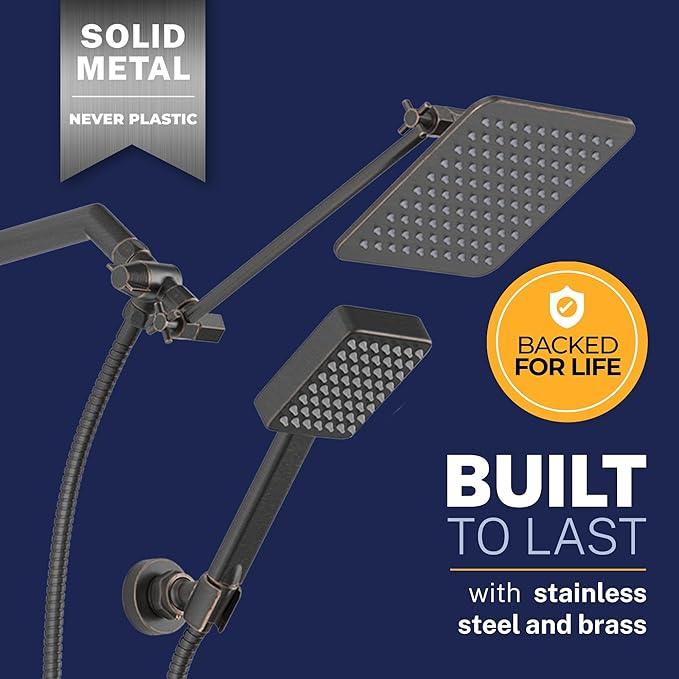 HammerHead® Solid Metal Dual Shower Head Combo — 8" Square Rain Shower Head with Handheld, 12" Adjustable Arm & Wall-Mount Holder for Flexible Installation — Oil Rubbed Bronze - ModernBath