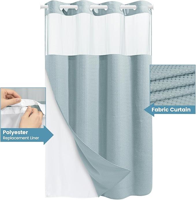 EUTXL Fog Blue Stall No Hook Shower Curtain with Snap in Liner,230GSM Waffle Weave Shower Curtains for Bathroom,54W x 80H - ModernBath