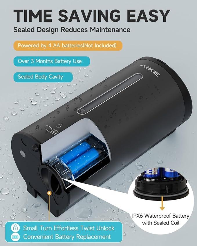 AIKE Automatic Wall Mount Liquid Soap Dispenser, Commercial Stainless Steel with 25oz Large Capacity Save Time Effort and Cost,Model AK1205(Matte Black) - ModernBath