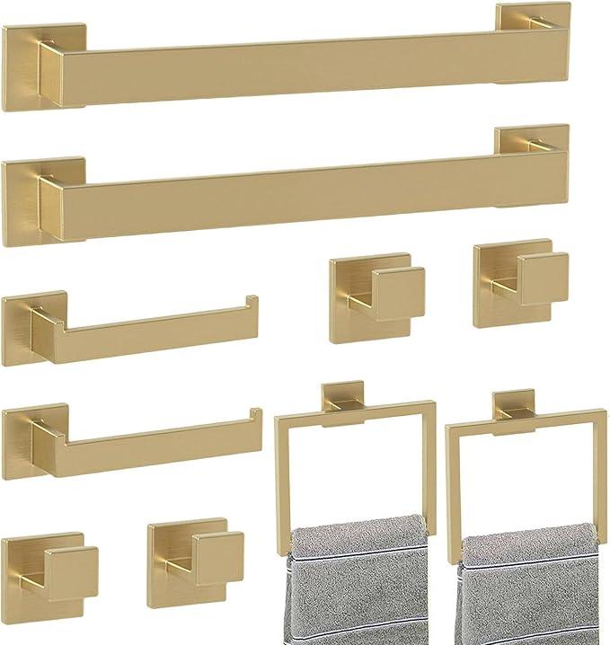 Bathroom Accessory Towel Bar Set: 10 Pieces Gold Bathroom Hardware Square SUS304 Stainless Steel - Wall Mounted Towel Rack&Toilet Paper Holder&Towel Ring and Towel Hook - ModernBath