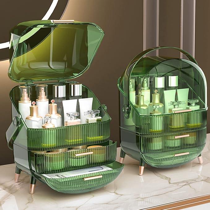Ergocar Portable Retro Series Multi-Function Make Up Case Dustproof Cosmetic Storage Box, Skin Care Products Jewelry Organizer Finishing Box Bathroom Desktop - Retro Green - ModernBath