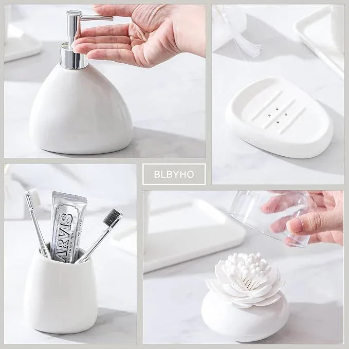 BLBYHO Ceramic Bathroom Accessory Set with Ceramic Tray, 6 Pieces Bathroom Countertop Accessory Set, Include Soap Dispenser, Toothbrush Holder, 2 Tumbler, Soap Dish, Vanity Tray,White - ModernBath