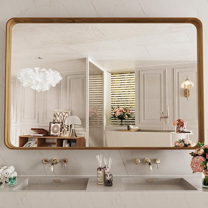 LOAAO 48X32 Inch Bathroom Mirror with Wood Grain Colored Metal Frame, Rounded Rectangle Metal Framed Bathroom Mirror, Anti-Rust, Hangs Horizontally or Vertically, Tempered Glass - ModernBath