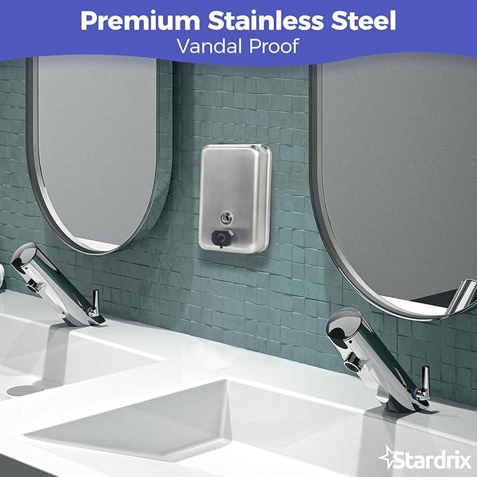 Stardrix Heavy Duty Stainless Steel Wall Mount Soap Dispenser, 1100ml/37oz, with Corrosion Proof Lining and Anti-Leak Pump for Commercial & Home Bathroom Kitchen(Vertical) - ModernBath