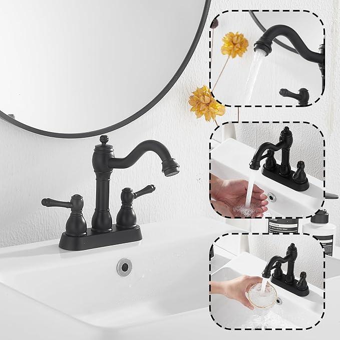GGStudy Matte Black Bathroom Faucet 2 Handles 4 Inches Centerset RV Black Bathroom Vanity Faucet with Drain Assembly and Supply Hose Lavatory Faucet - ModernBath