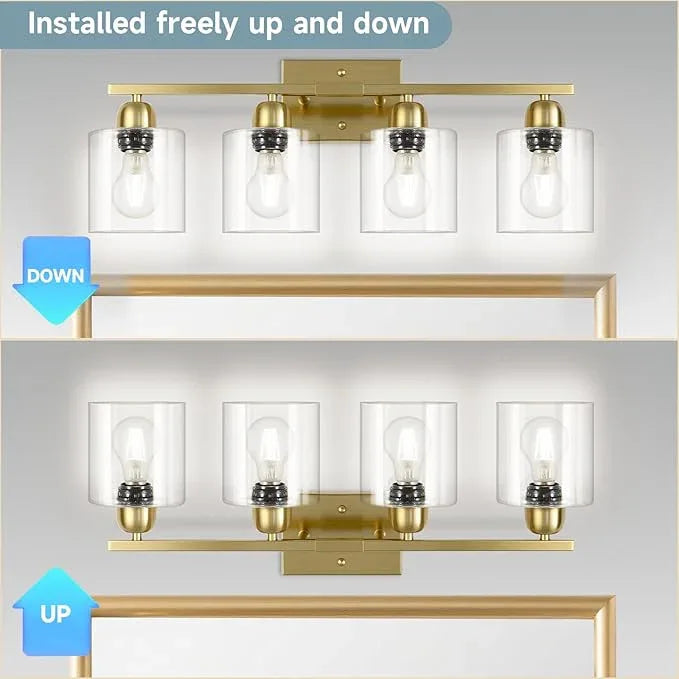 FAISHILAN Modern Brushed Gold 4 Light Bathroom Light Fixtures, 24 inch Vanity Lights for Bathroom with Clear Glass, Bathroom Vanity Light for Mirror Kitchen Living Room Hallway Cabinet Porch - ModernBath