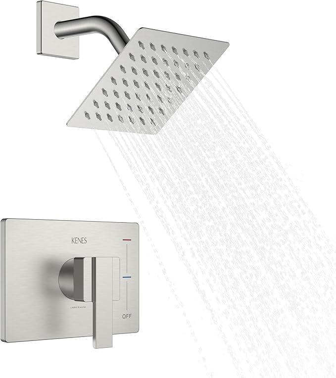 KENES Brushed Nickel 6-Inch Shower Head and Handle Set, Square Shower Faucet Set Bathroom Rainfall Shower System Wall Mount, KE-6025B (Shower Valve Included) - ModernBath