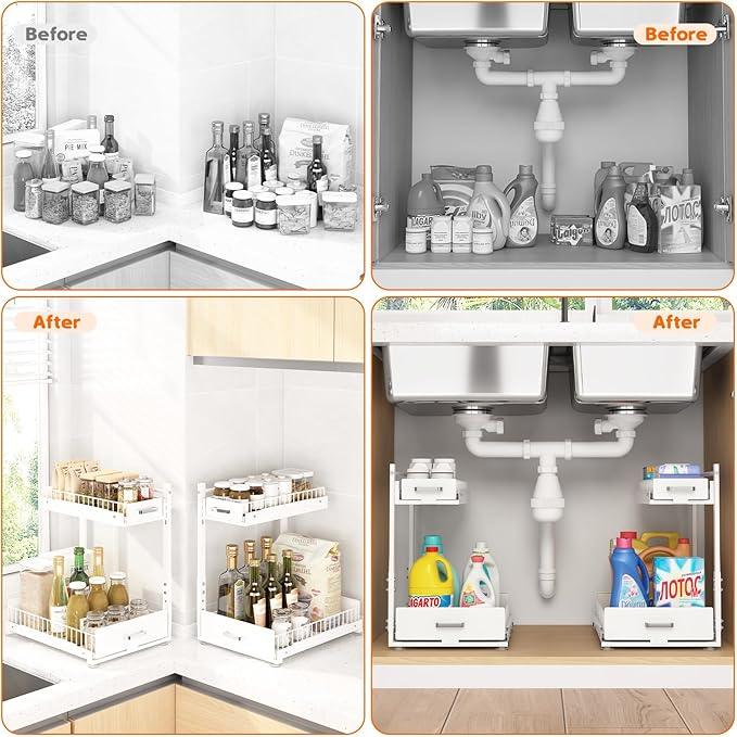 Under Sink Organizer,2 Tier Slide Out Kitchen Cabinet Organizers with Pulley,Under Bathroom Sink Pull Out Organizer with Multiple Height Adjustments for Kitchen and Bathroom Cabinets-White - ModernBath