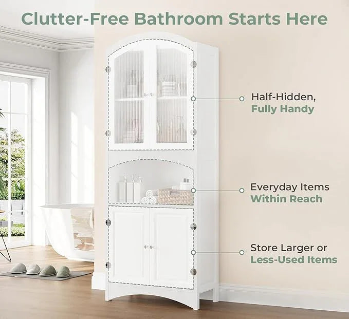 Kitchen Pantry Cabinet, Upgraded All Painted Tall Bathroom Cabinet, Modern White Kitchen Hutch W/Microwave Stand & Fluted Glass Doors, White Wooden Storage Cabinet for Living Dining Room - ModernBath