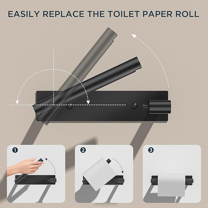 FORIOUS Black Toilet Paper Holder, Adhesive or Wall Mounted Options, Stainless Steel Rustproof Stick on no Drilling Double Post Pivoting Toilet Tissue Roll Holder Wall Mount for Bathroom, Matte Black - ModernBath