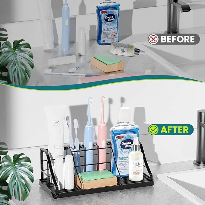 Bathroom Countertop Organizer - Detachable 7 Slots Kids Electric Black Toothbrush and Toothpaste Holder Drainage Tray for Bathroom Accessories Organization Counter Vanity Sink Storage - ModernBath