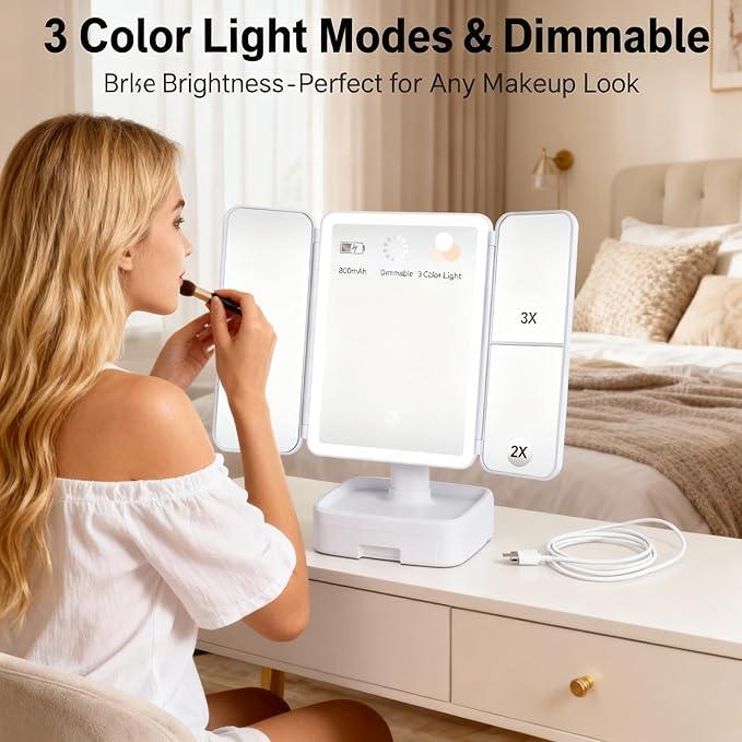 Makeup Vanity Mirror with Light, Triple Magnification (1X/2X/3X) with Storage, Touch Control and 3-Color dimming Lighting, Portable Travel Trifold Mirror，Gift for her - ModernBath