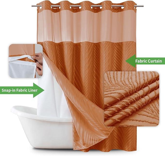 eachope no Hook Shower Curtain and Liner Set，Boho Style with See Through Top Window, BurntOrange Fabric Tufted Striped Textured Outer Curtain & Waterproof Inner Liner, Orange, 71Wx77H - ModernBath