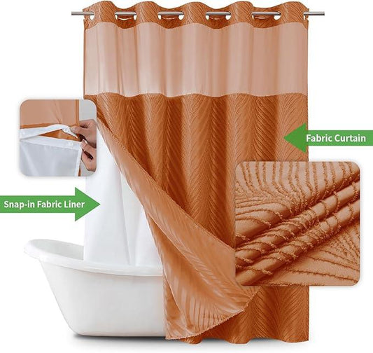 eachope no Hook Shower Curtain and Liner Set，Boho Style with See Through Top Window, BurntOrange Fabric Tufted Striped Textured Outer Curtain & Waterproof Inner Liner, Orange, 71Wx98H - ModernBath