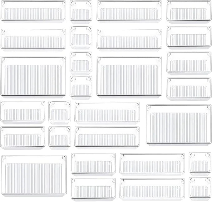 Kootek 28 Pcs Drawer Organizer Set, 4-Size Bathroom Vanity Trays Makeup Desk Dividers Versatile Storage Bins Clear Plastic Container for Dresser, Bedroom, Kitchen, Office - ModernBath