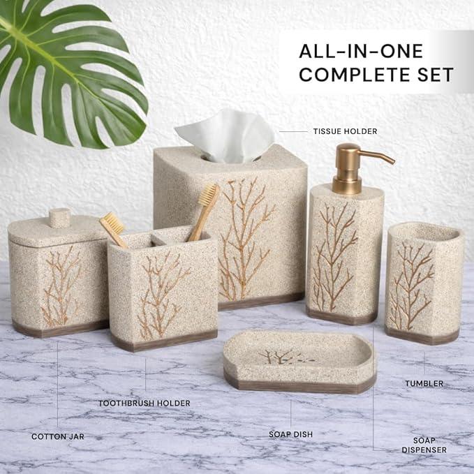 Decozen Bathroom Accessories Set 6Pcs – Soap Dispenser, Toothbrush Holder, Tumbler, Soap Dish & Cotton Swab Jar – Modern Bathroom Decor, Bath Set for Christmas Decor, Kent - ModernBath