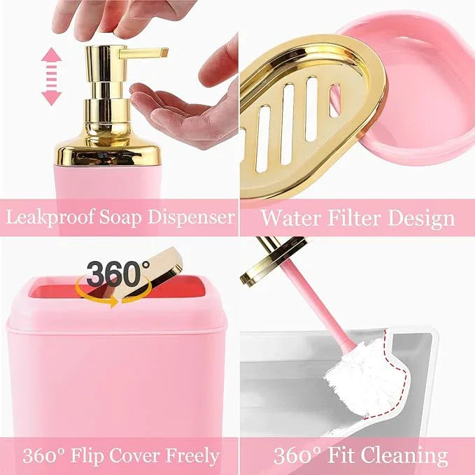 XLHOMO Pink Bathroom Accessories Set, Pink and Gold Bathroom Accessories with Trash Can, Soap Dispenser, Soap Dish, Toothbrush Holder and Q-tip Holders - ModernBath