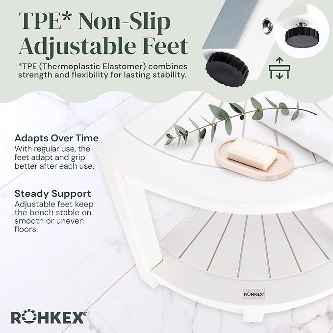 ROHKEX Waterproof Corner Shower Stool - Shower Bench (White HDPE, Corner Stool) - Waterproof Slatted Surface for Efficient Drainage - for Indoor and Outdoor Use, Decor Gift for Home and Mom - ModernBath