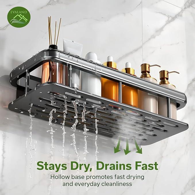 EVALAND Shower Caddy Adhesive 2-Pack with Hooks and Rod for Towels, Black – Premium Bathroom Shower Shelves, Shampoo Organizer, Bathtub Shelf, Rustproof, Easy Installation, Sturdy Modern Look - ModernBath