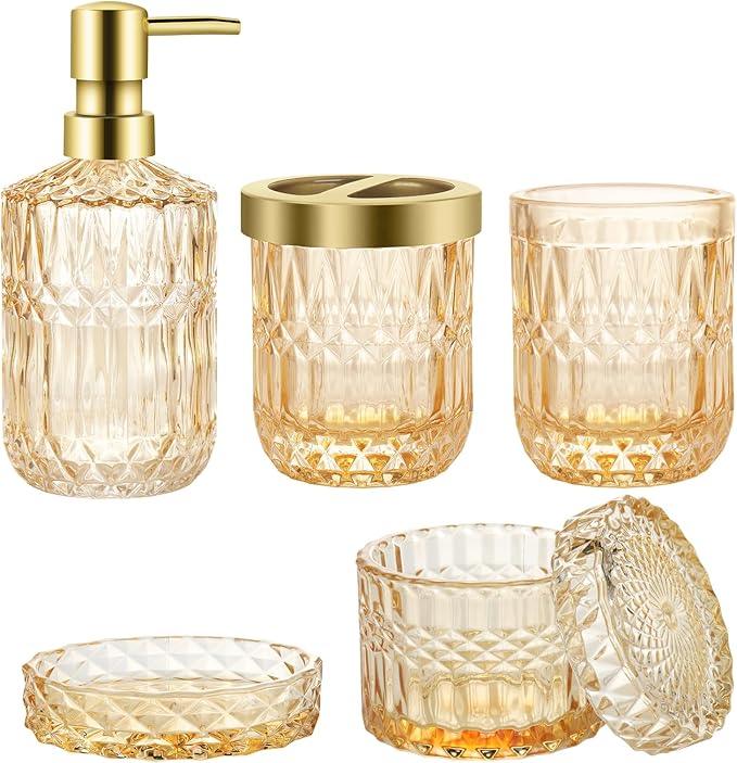 Ulable Bathroom Accessories Set, 5Pcs Gold Glass Bathroom Accessories Set with Gold Soap Dispenser, Soap Dish, Toothbrush Holder, Tumbler, Cotton Swab Jars - ModernBath