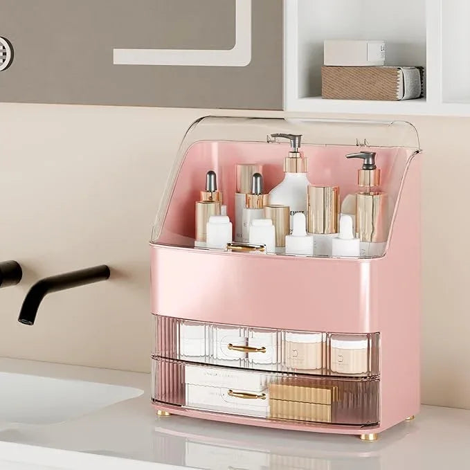 Makeup Organizer Countertop Vanity with Transparent Lid Drawers Waterproof Dustproof Cosmetic Skincare Bathroom Storage Gift for Women Teens Girls (Pink) - ModernBath