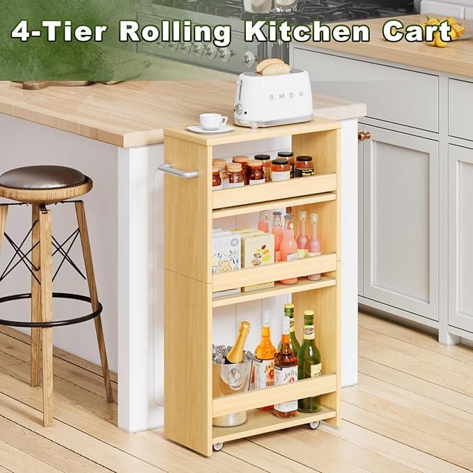 MARTY Rolling Storage Cart 7.9" W, 4-Tier Kitchen Cart with Wheels Handle, Slim Storage Cart Mobile Shelving Utility Carts for Bathroom Laundry Room Organization Narrow Places (Maple) - ModernBath