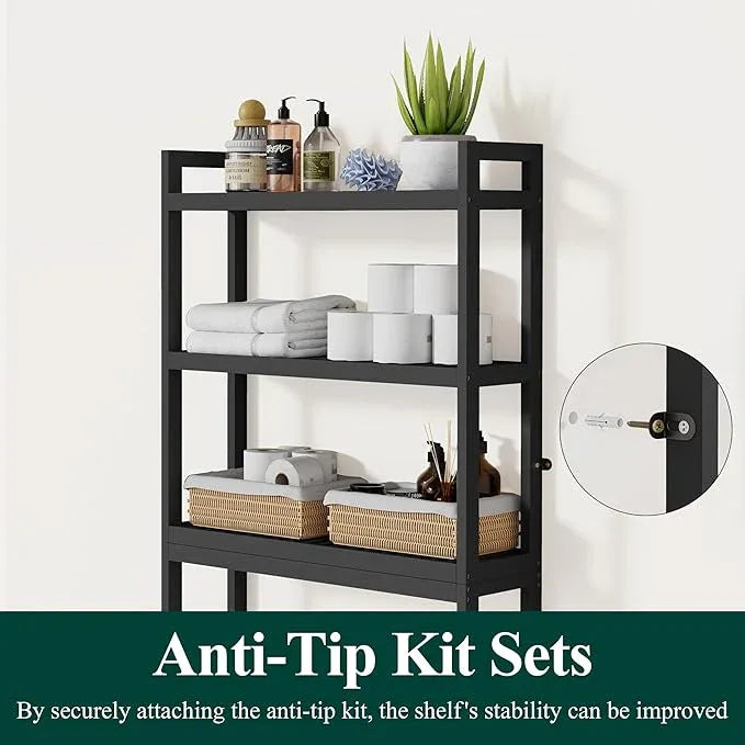Smiry Over The Toilet Storage Cabinet, 3-Tier Bamboo Bathroom Organizers with Adjustable Shelf & 4 Hooks, Space Saving Shelf Rack for Bathrooms, Laundry Room, Balcony, Black - ModernBath